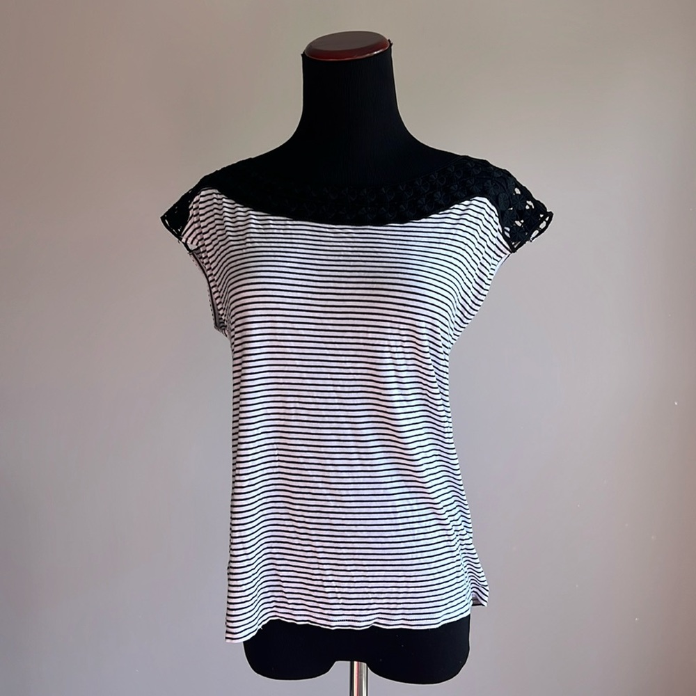 Ann Taylor Loft - Black and White Stripe T-Shirt with Black Cut Outs Around Neck